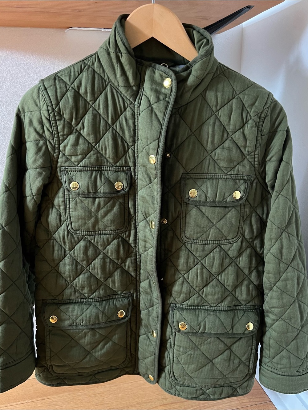 J. Crew Quilted Olive Green Field Jacket with Gold-Tone Snaps